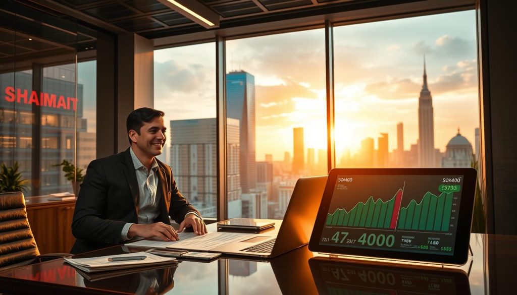 A modern, sleek office environment showcasing "Sqr400 Flash Funds", an instant funding service. In the foreground, a professional businessperson in business attire, focused and smiling while working on a laptop. The middle ground consists of a stylish desk with financial documents and a digital tablet displaying graphs indicating rapid fund access. The background features a large window showing a bustling cityscape, illuminated by warm afternoon light, conveying a sense of opportunity and advancement. The atmosphere is energetic and dynamic, highlighting the growing need for instant funding solutions. Use a slightly elevated angle to capture the scene, ensuring clarity and vibrancy in colors, creating an inviting and professional vibe. A modern, sleek office environment showcasing "Sqr400 Flash Funds", an instant funding service. In the foreground, a professional businessperson in business attire, focused and smiling while working on a laptop. The middle ground consists of a stylish desk with financial documents and a digital tablet displaying graphs indicating rapid fund access. The background features a large window showing a bustling cityscape, illuminated by warm afternoon light, conveying a sense of opportunity and advancement. The atmosphere is energetic and dynamic, highlighting the growing need for instant funding solutions. Use a slightly elevated angle to capture the scene, ensuring clarity and vibrancy in colors, creating an inviting and professional vibe.