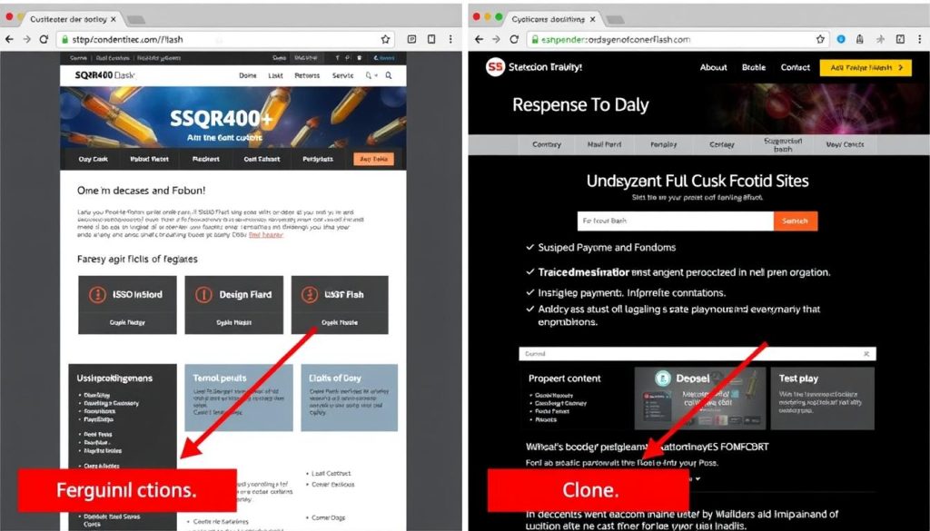 Comparison of legitimate vs fraudulent SQR400 Bank Flash websites showing key differences