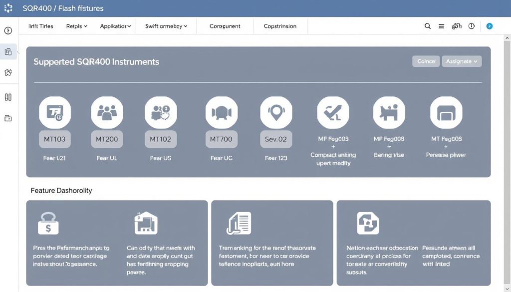 SQR400 Bank Flash software features dashboard showing supported SWIFT instruments