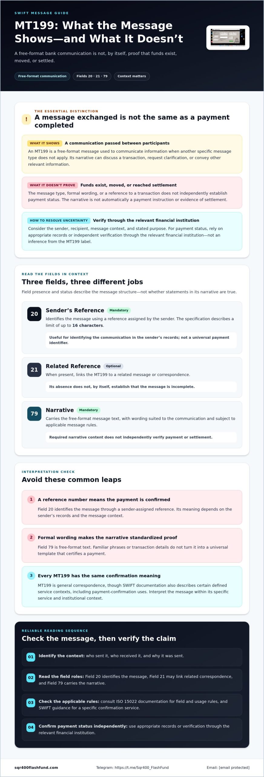 SWIFT MT199 Message Format: Fields, Purpose, and Legitimate Use in 2026